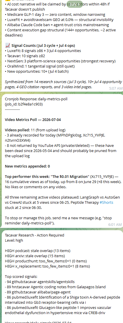 The Tacavar Daily Intelligence Digest on Telegram: an auto-generated digest with citation counts, signal totals, and top-scored opportunities — produced and delivered by the agent pipeline.